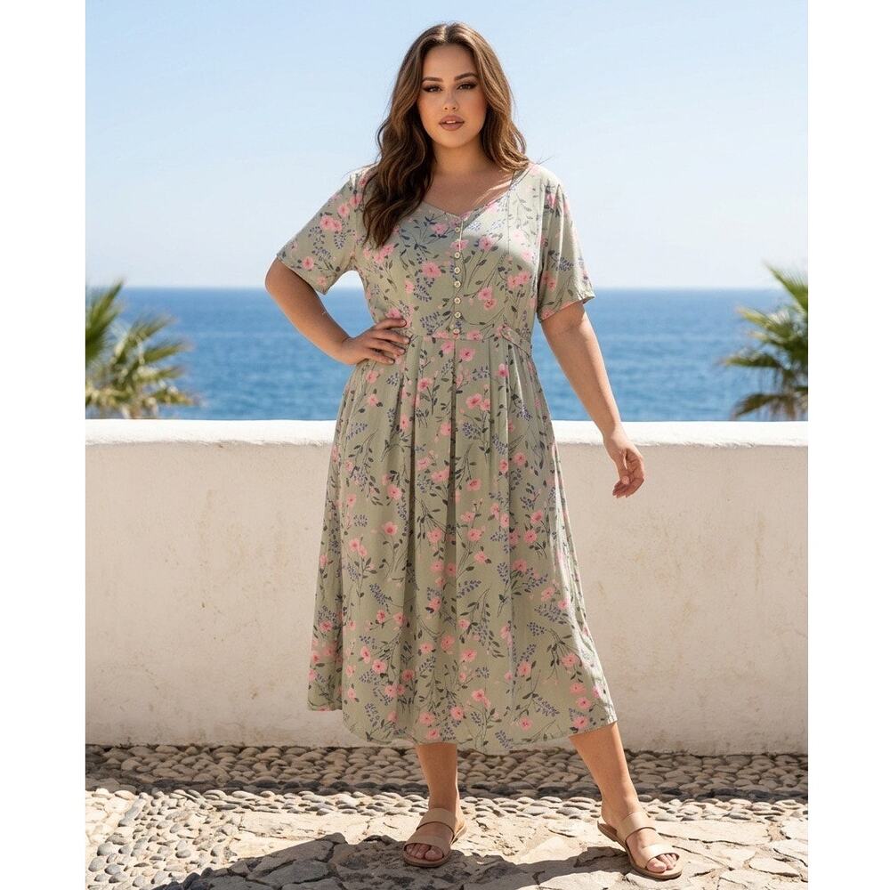 Erika Short Sleeve Floral Midi Dress Womens 2X Church Modest Cottagecore Fairy